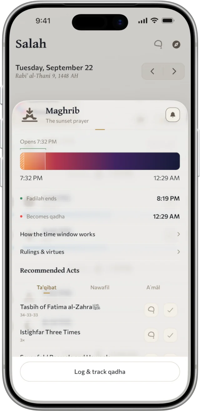Maghrib’s time window, from when it opens to when it becomes qadha, above its recommended acts