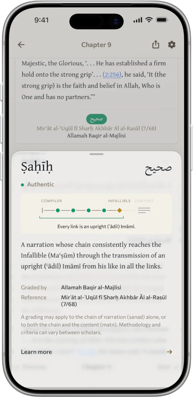 The grading of a ṣaḥīḥ hadith by al-Majlisī, with a diagram of the chain it judges