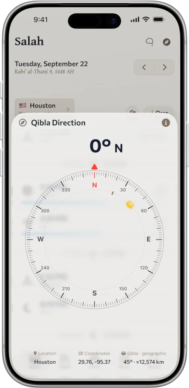 The Qibla compass pointing towards the Kaʿba