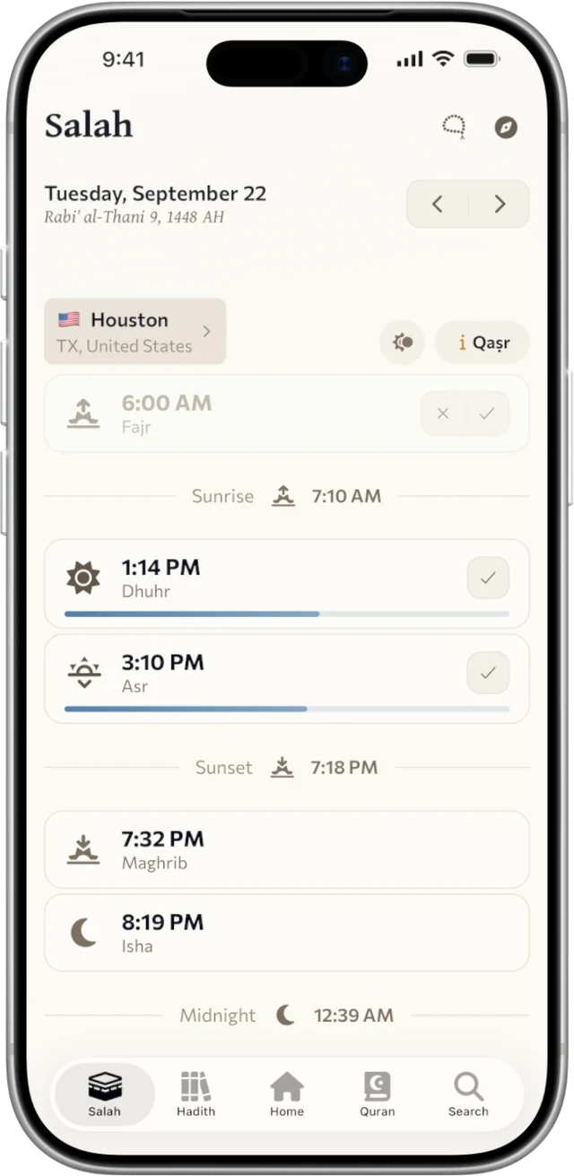 The Salah screen: the day’s prayer times, sunrise, sunset and midnight, with prayed prayers ticked off